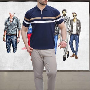 Zippered Polo Collared Knitwear Men&#39;s T-shirt, Classic Comfort, Men&#39;s Cozy Casual Shirt, Men&#39;s Summer Style, Stylish Men&#39;s Shirt