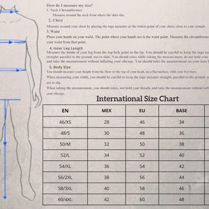 May include: Diagram illustrating how to measure for clothing, with numbered points and an international size chart. The chart includes sizes for EN, MEX, EU, BASE, and IT, with corresponding measurements.