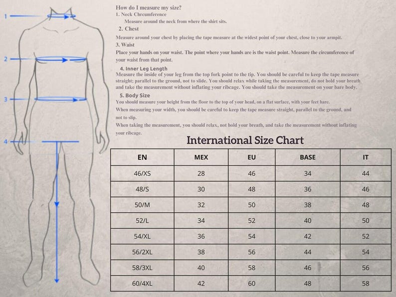 May include: Diagram illustrating how to measure for clothing, with numbered points and an international size chart. The chart includes sizes for EN, MEX, EU, BASE, and IT, with corresponding measurements.