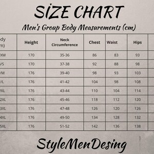 May include: Size chart for men's clothing with measurements in centimeters. The chart includes body size, height, neck circumference, chest, waist, hips, and inner length.