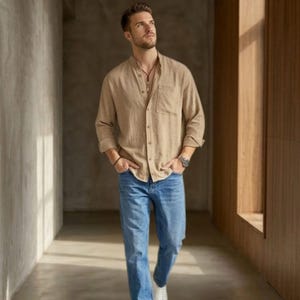 Cozy Oversize Linen Shirt | Bohemian Cotton Linen Long Sleeve Top for Men | Casual Style