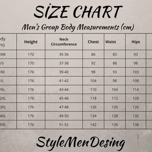 May include: Size chart with body measurements in centimeters. Includes height, neck circumference, chest, waist, hips, and inner length. Sizes range from 46/XM to 62/5XL. The chart is labeled "Men's Group Body Measurements (cm)" and includes the text "Style Men Desing".
