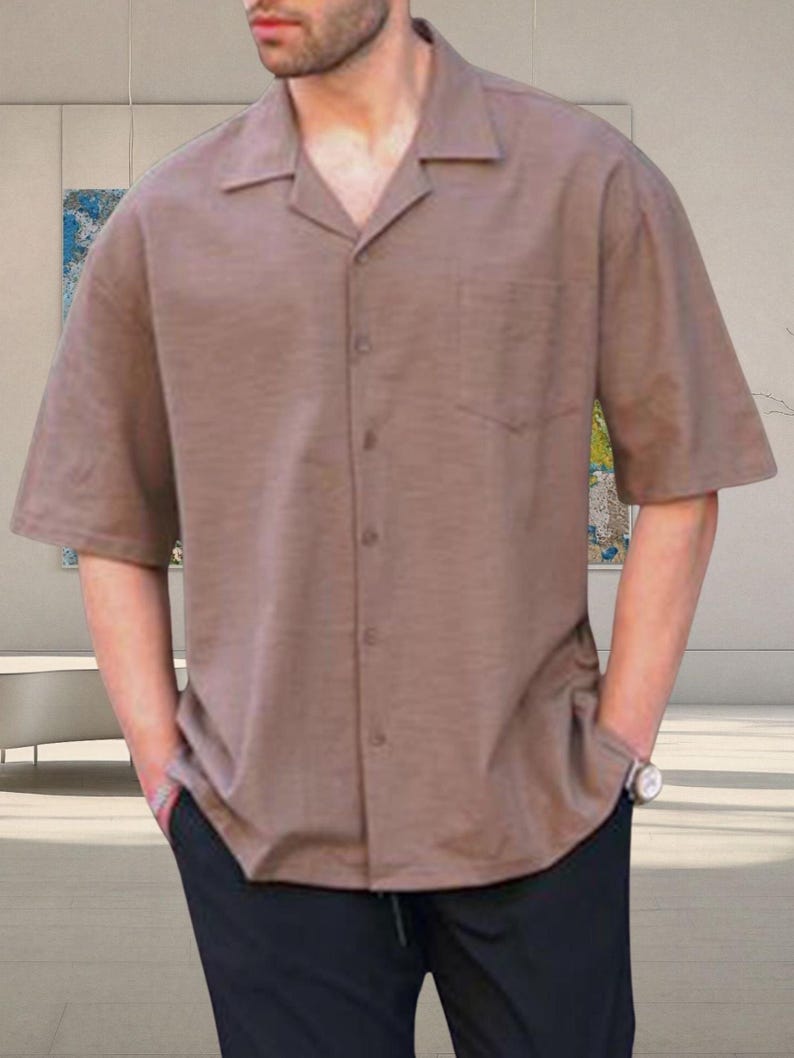 Men's Oversized Cotton Shirt: Solid Color Loose Fit, Classic Collar image 8