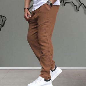 Muslin Fabric Men's Casual Trousers | Relaxed Fit Lightweight Cotton Summer Style Brown