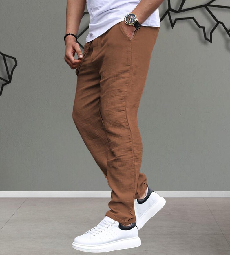 Muslin Fabric Men's Casual Trousers | Relaxed Fit Lightweight Cotton Summer Style Brown
