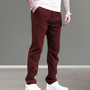 Muslin Fabric Men's Casual Trousers | Relaxed Fit Lightweight Cotton Summer Style Burgundy