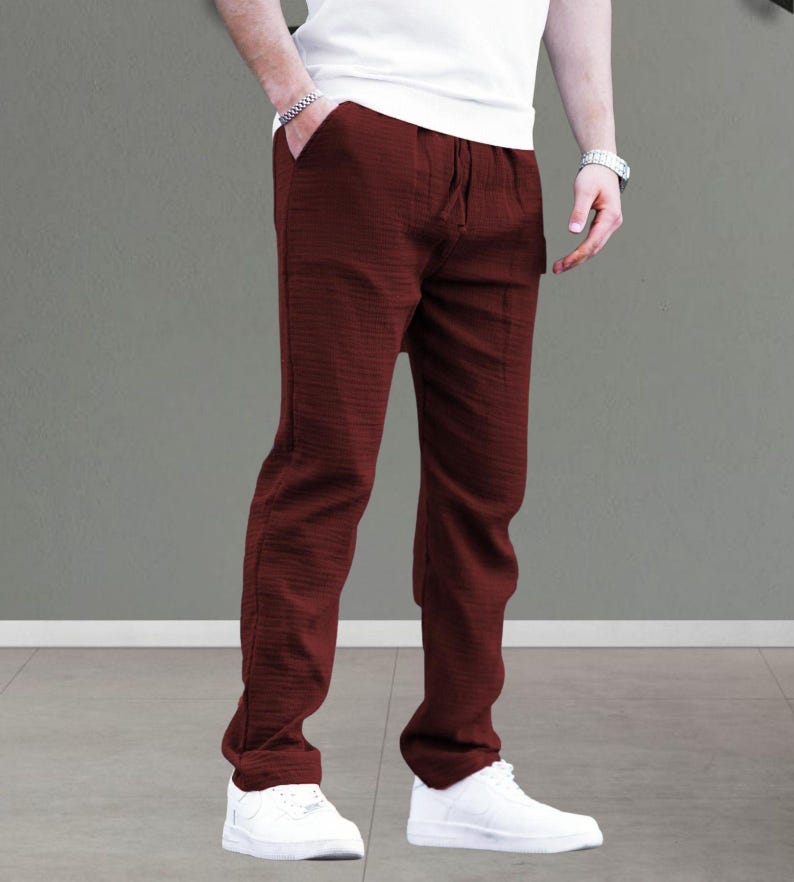 Muslin Fabric Men's Casual Trousers | Relaxed Fit Lightweight Cotton Summer Style Burgundy