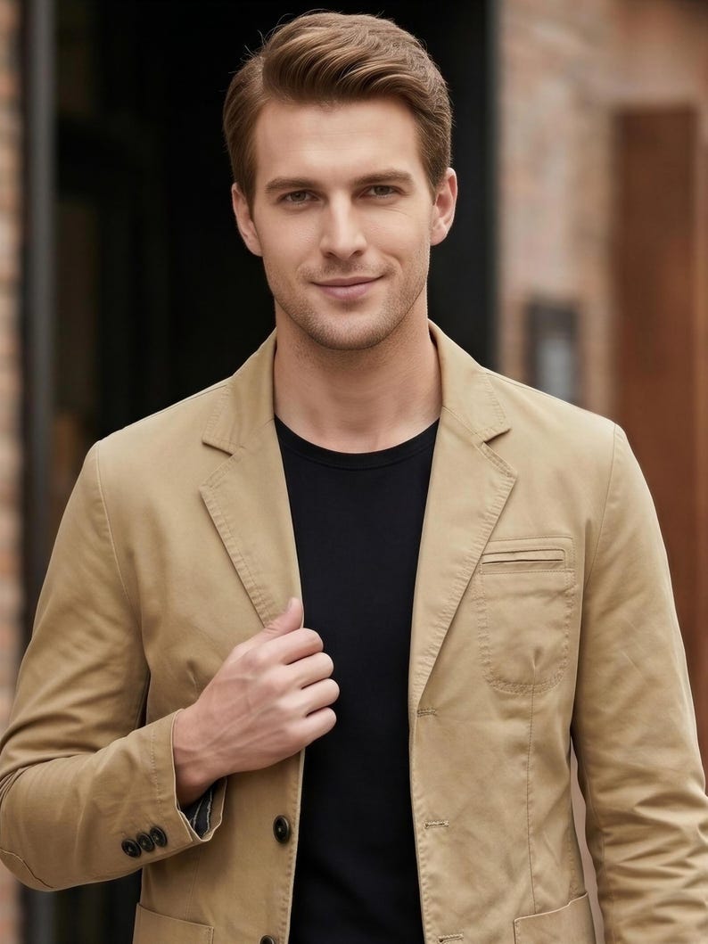 A man wearing a tan blazer and black shirt is smiling and looking directly at the camera.