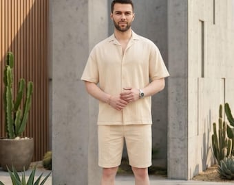 Men's Cotton Shirt and Shorts Set, Relaxed Fit Summer Outfit, Trendy Casual 2 Piece Set