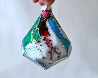 Rainbow Glass Diamond Ornament - Hand Painted, One of a Kind Holiday Decoration