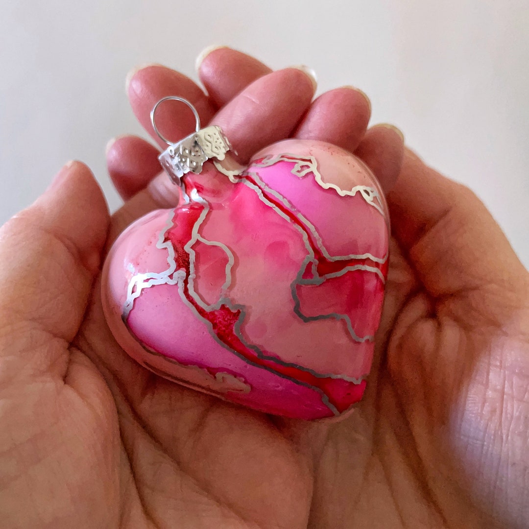 Glass Heart Ornament Hand Painted Holiday Decoration Etsy