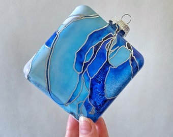 Glass Cube Ornament - Hand Painted Holiday Decoration