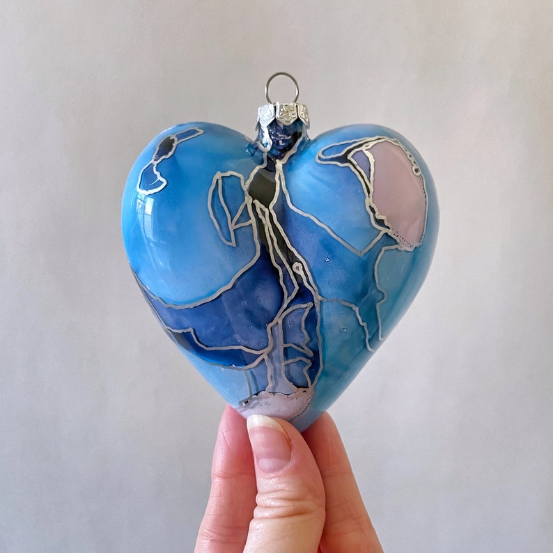 Blue Glass Heart Ornament Hand Painted Holiday Decoration image 3
