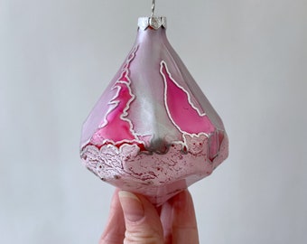 Pink Glass Diamond Ornament - Hand Painted, One of a Kind Holiday Decoration