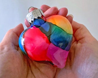 Rainbow Heart Ornament - Hand Painted Holiday Decoration, Ready to Ship