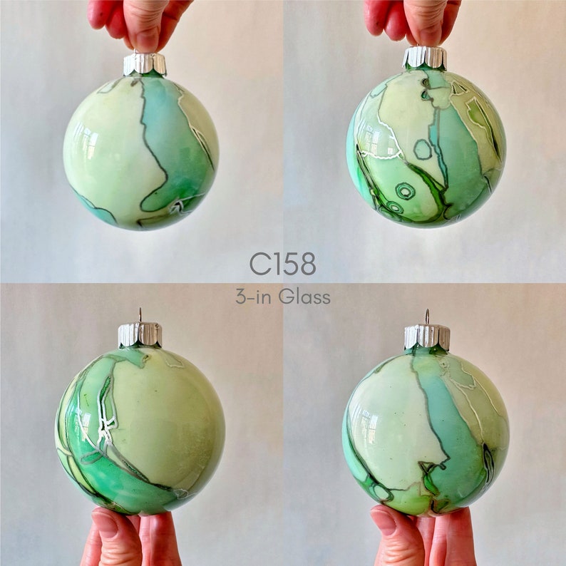 Aqua Blue & Green Hand Painted Ornament C158 Glass 3 inches