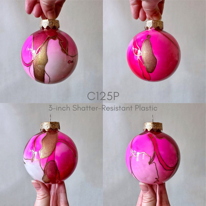 Bright Pink Glass Ornament Hand Painted, Ready to Ship C125P Plastic 3 inches