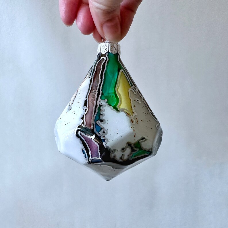 Rainbow Glass Diamond Ornament Hand Painted, One of a Kind Holiday Decoration image 2