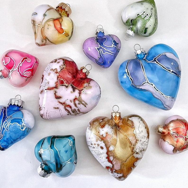 Glass Heart Ornament Hand Painted Holiday Decoration image 1