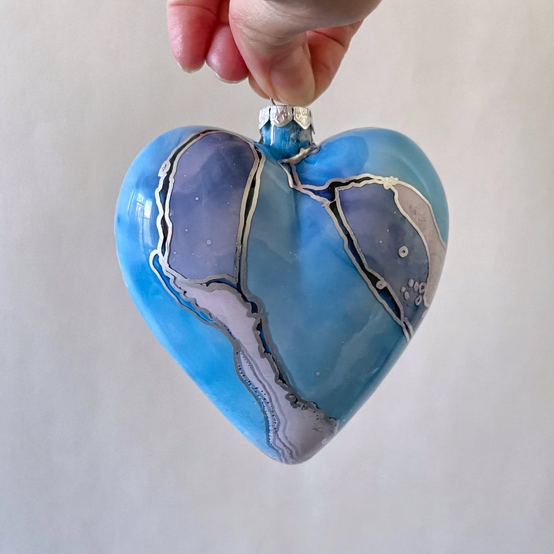 Blue Glass Heart Ornament Hand Painted Holiday Decoration image 2