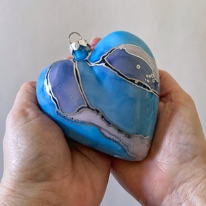 Blue Glass Heart Ornament Hand Painted Holiday Decoration image 6