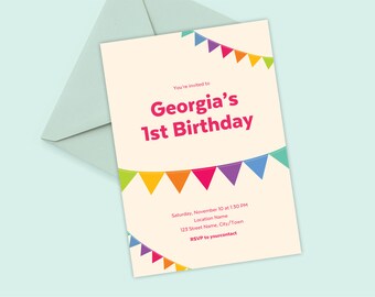 Rainbow Bunting 1st Birthday Invitation | Colorful Party Invite (Digital Template)