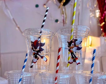 Vasos desechables de Sonic para fiesta de cumpleaños con pajitas