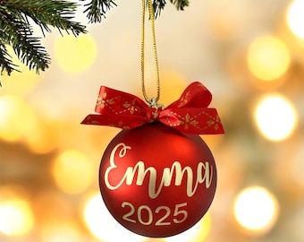 Personalized Christmas Ball Ornament, Gold Vinyl Name, Red Ribbon