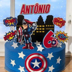 Topo de bolo do Capitão América - Aniversário do Capitão América - Decoração do Capitão América - Topo de bolo personalizado do Capitão América