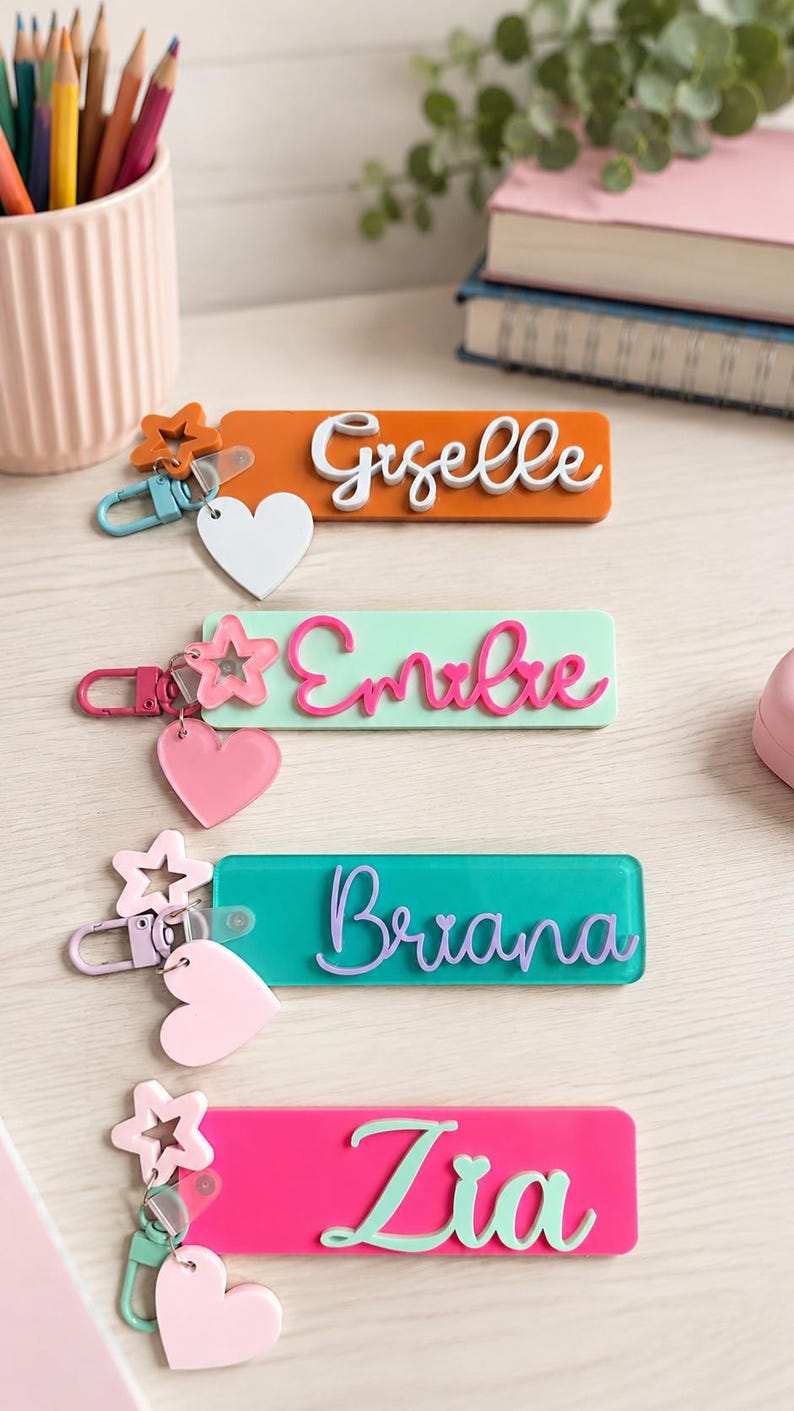 Puede incluir: Cuatro llaveros rectangulares de acr&iacute;lico con nombres personalizados en letras cursivas en relieve. Cada llavero incluye un cierre met&aacute;lico, un dije en forma de estrella y un dije en forma de coraz&oacute;n, en colores naranja, verde menta, turquesa y rosa.