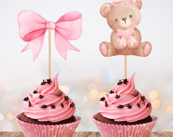 Bear & Pink Bow Cupcake Toppers - Double-Sided Party Decor