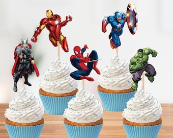 Adornos para cupcakes de los Vengadores - Decoración para fiestas de los Vengadores - Adornos para cupcakes - Decoraciones para fiestas de los Vengadores - Cumpleaños de los Vengadores - (¡doble cara)!