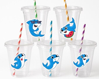 Shark Party Cups – Ocean Theme Birthday, Disposable Cups with Stickers