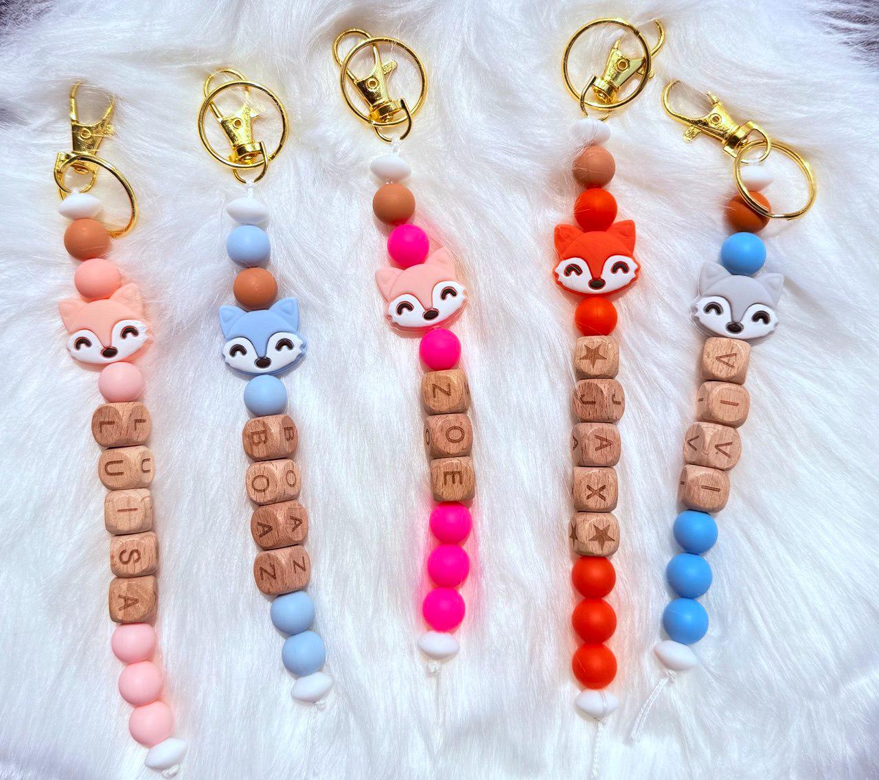 Personalized Fox Keychain, Silicone Beaded Name Keychain, Backpack