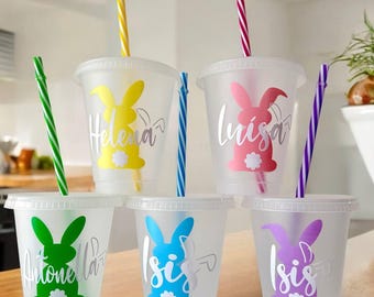 Vaso de Pascua personalizado con diseño de conejito y pajita - Taza con nombre personalizado