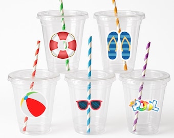 Pool Party Cups with Straws – Summer Birthday Decorations