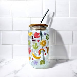 Fruit Glass Cup  –  Iced Coffee Can Glass with Lid and Straw – Custom Gift for Mom, Summer Glass Cup