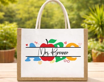 Personalized Teacher Tote Bag, Burlap Jute Bag, Teacher Appreciation Gift, Custom School Tote