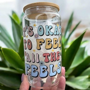 Erinnerungstasse für psychische Gesundheit - Eiskaffeedose aus Glas mit Deckel und Strohhalm - Individuelles Geschenk für Mama, inspirierende Glastasse