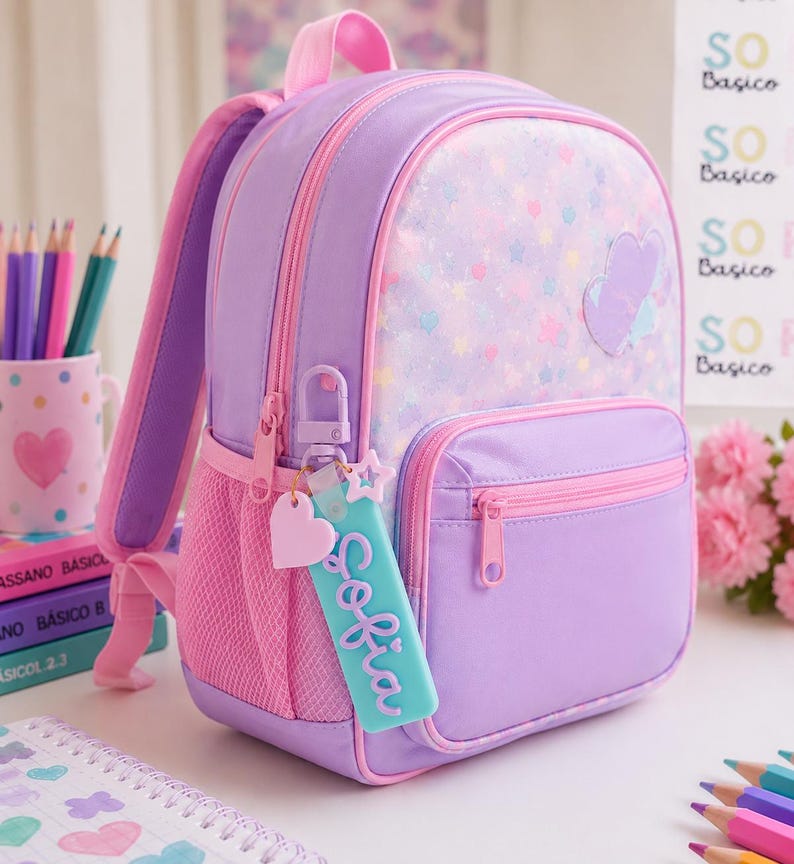 Puede incluir: Una mochila de color lavanda y rosa con un panel frontal estampado de estrellas, un bolsillo frontal con cremallera y bolsillos laterales de malla. Un llavero rectangular azul claro con el nombre Sofia y un peque&ntilde;o coraz&oacute;n rosa cuelga de la cremallera.