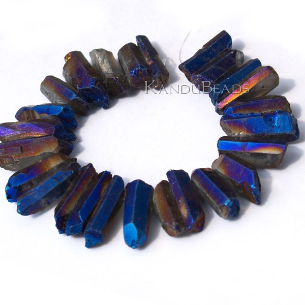 Electric Blue Rainbow Mystic Titanium AB Quartz Double Drilled crystal point beads 15-40mm Top and Bottom Drilled 3" Strand