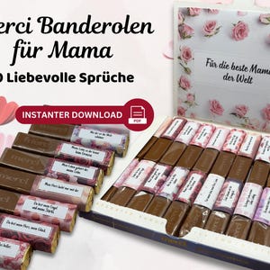 Puede incluir: Una caja de barras de chocolate Merci con envoltorios decorativos y una caja de regalo con un diseño floral. Los envoltorios tienen mensajes de amor. El texto "Merci Banderolen für Mama" está en la parte superior.