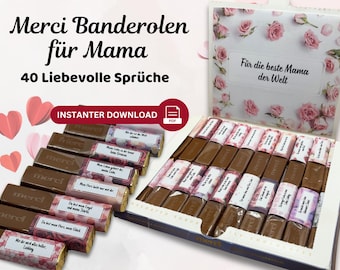 40 digitale Merci Banderolen für Mama – Individuelle Botschaften möglich  Dankeschön & Weihnachtsgeschenk, Geburtstag, Valentinstag