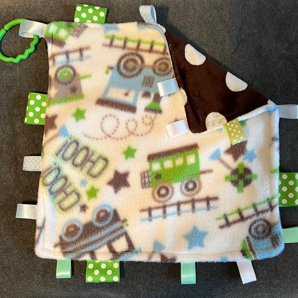 Fleece Minky Tag Ribbon Sensory Lovey Train  theme blue gray baby gift