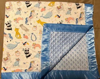 Animales Unicornio Llama otros Niño Niña Azul Franela múltiple Minky Satén Encuadernación Manta para bebé