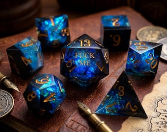 Navy Reflection Crystal Resin Dice Set: F words word DND Sharp Edge