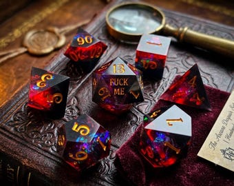 Burgundy Reflection Crystal Resin Dice Set: F words word DND Sharp Edge