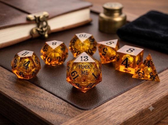 Gilded Damnation (Gold) Liquid Core Dice Set: F words word DND Sharp Edge