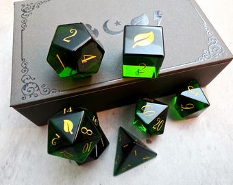 Crystal Glass D&D Dice Set, Verdant Leaf Design