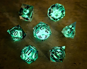 Emerald Pulse (Green) Glow in the Dark Liquid Core Set: Sharp Edge D&D Dice